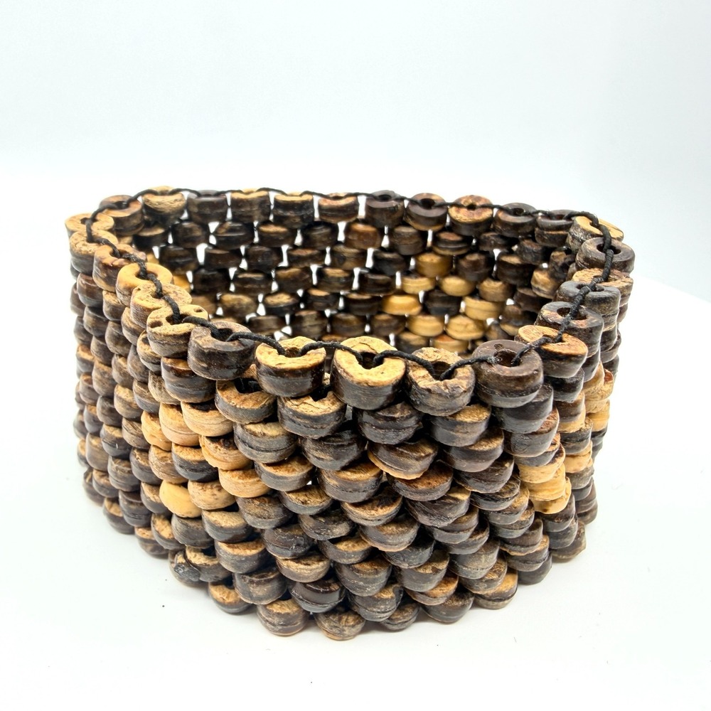 Vintage Boho Coconut Shell Beaded Multi Row Stretch Cuff Bracelet